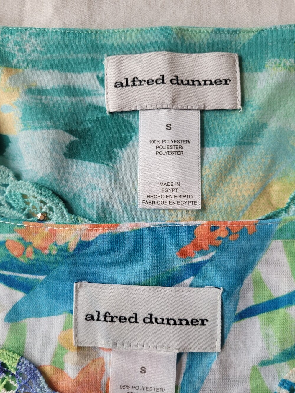 Two Alfred Dunner Teal & Aqua Floral Top with Orange Accents Size S